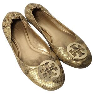 TORY BURCH Reva Gold Snakeskin Print Leather Ballet Flats 11